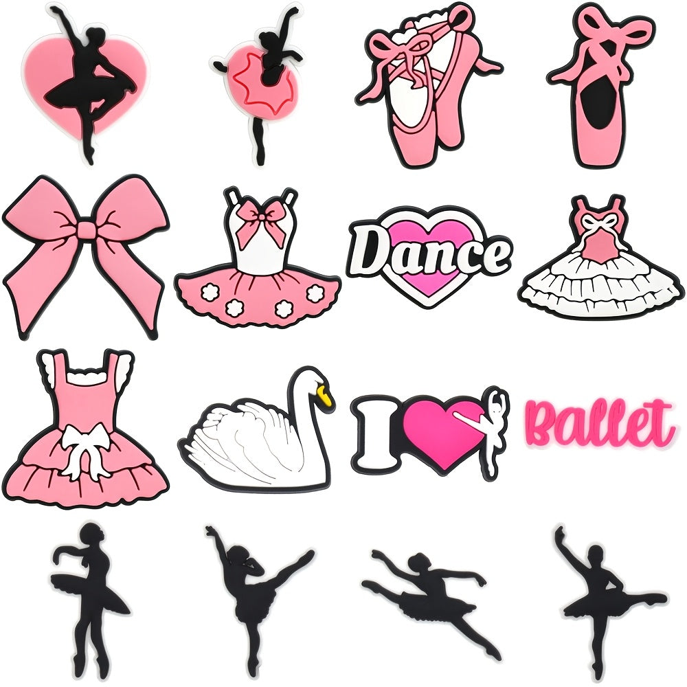 16pcs Ballet Dance Charms Set Plastic Pink Shoes White Swan Pendants Dress Decorations