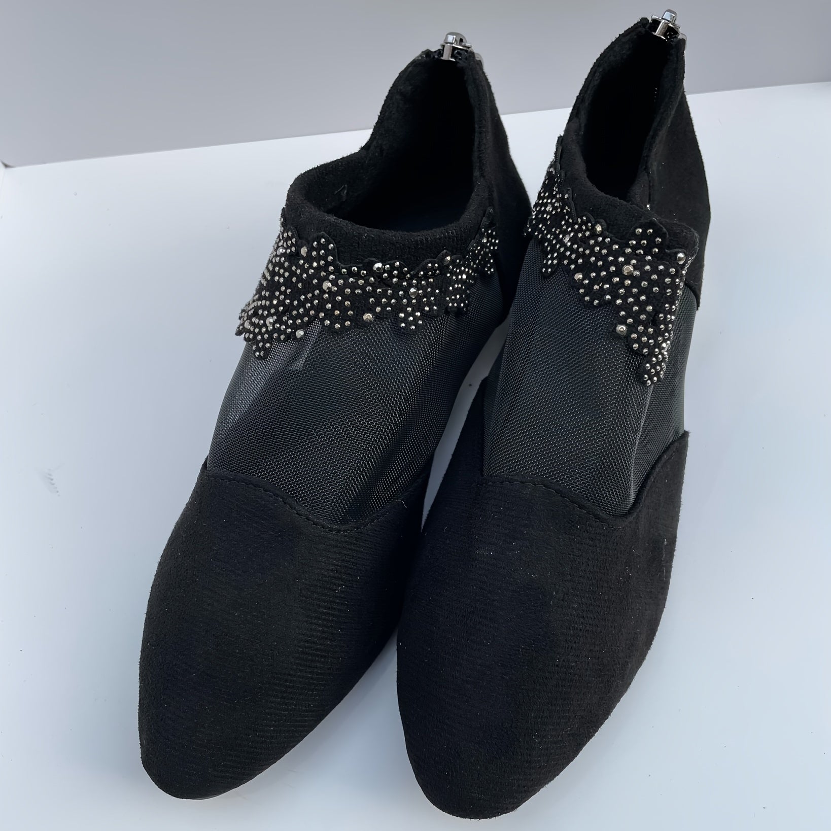 Women's Rhinestone Flower Low Heel Sandals with Mesh Stitching and Pointed Toe