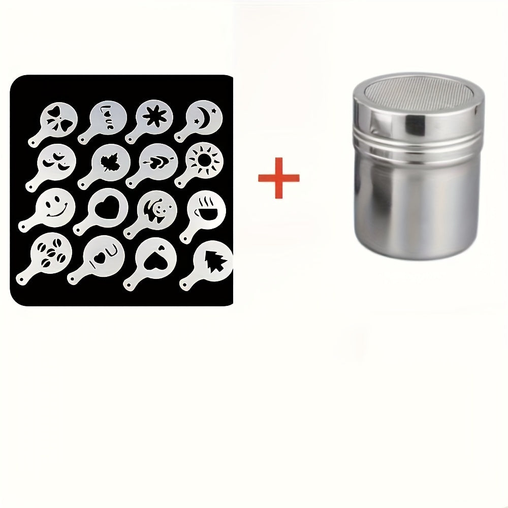16 Piece Stainless Steel Latte Art Stencils Set with Powder Shaker for Coffee and Hot Chocolate
