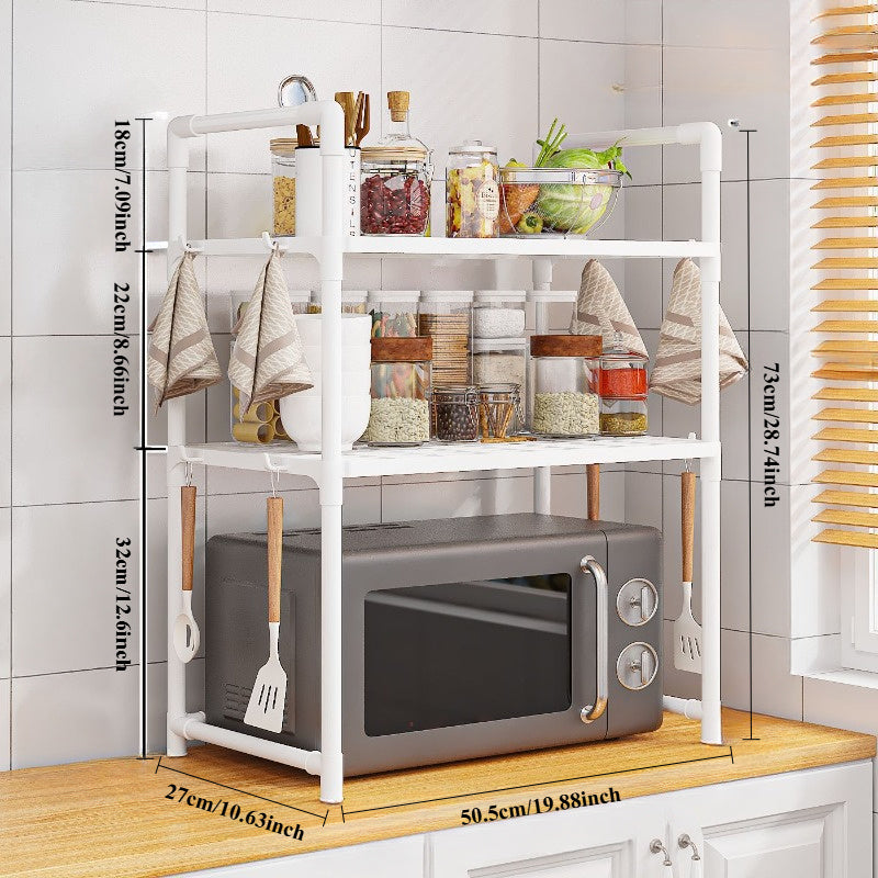 Black Expandable Microwave Stand with 3 Tiers and 8 Hooks for Kitchen or Home