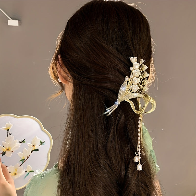 Elegant Gold Alloy Hair Claw with Faux Pearls Rhinestones and Tassel for Women