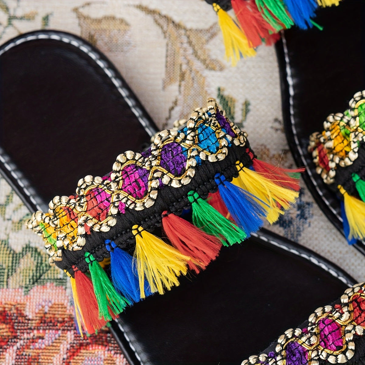 Women's Bohemian Flat Slide Sandals with Tassel Beads for Summer Beach Casual