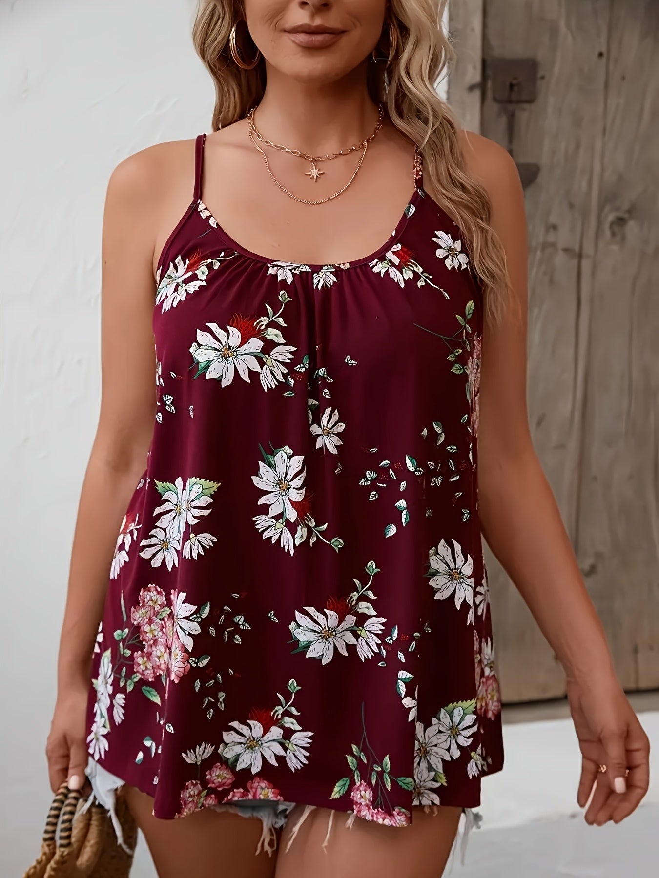 Plus Size Floral Print Sleeveless Cami Top for Women Casual Summer Blouse