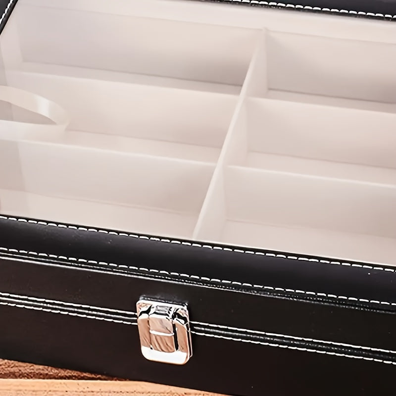Eyewear Organizer Hard PU Leather Sunglass Storage Case with 8 Slots and Glass Lid