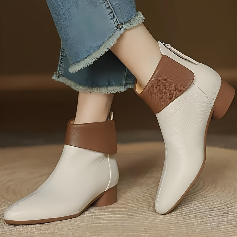 Women Ankle Boots Faux Cover Leather Mid-Heel Side Zipper Pointed Toe
