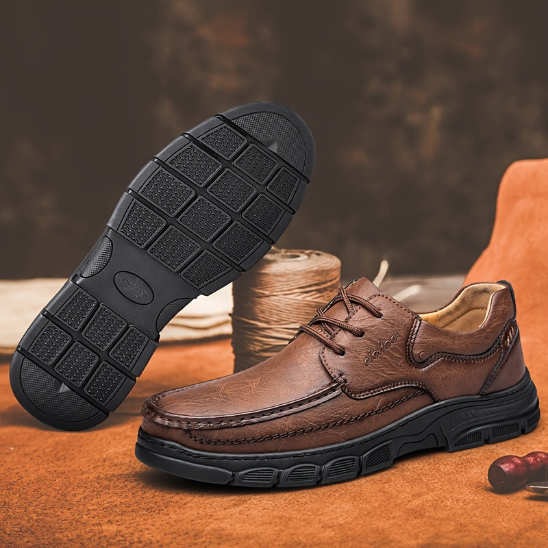 Men's Brown Leather Loafers Casual Dress Shoes Breathable Rubber Sole Low Top