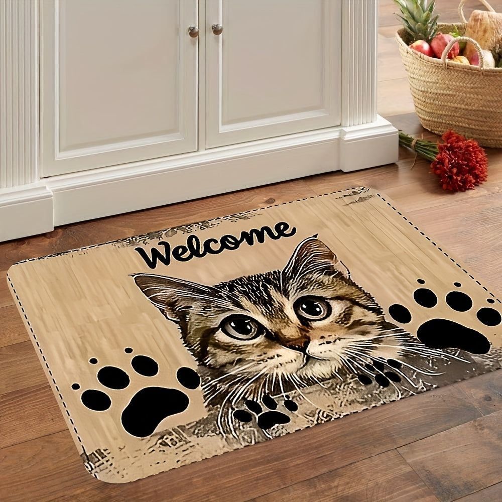 Charming Cat Welcome Mat Bardoshli Polyester Rug Slipperga qarshi Oson tozalash uchun yashash xonasi