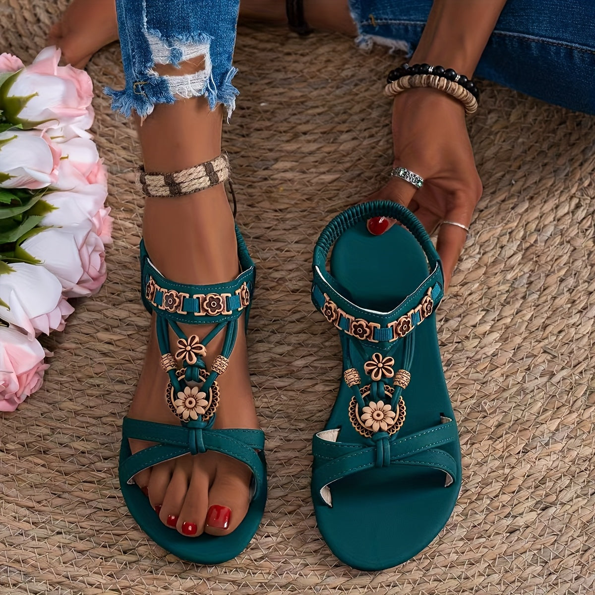 Women's Bohemian Beaded Flower Flat Sandals, Breathable, Multi-Color