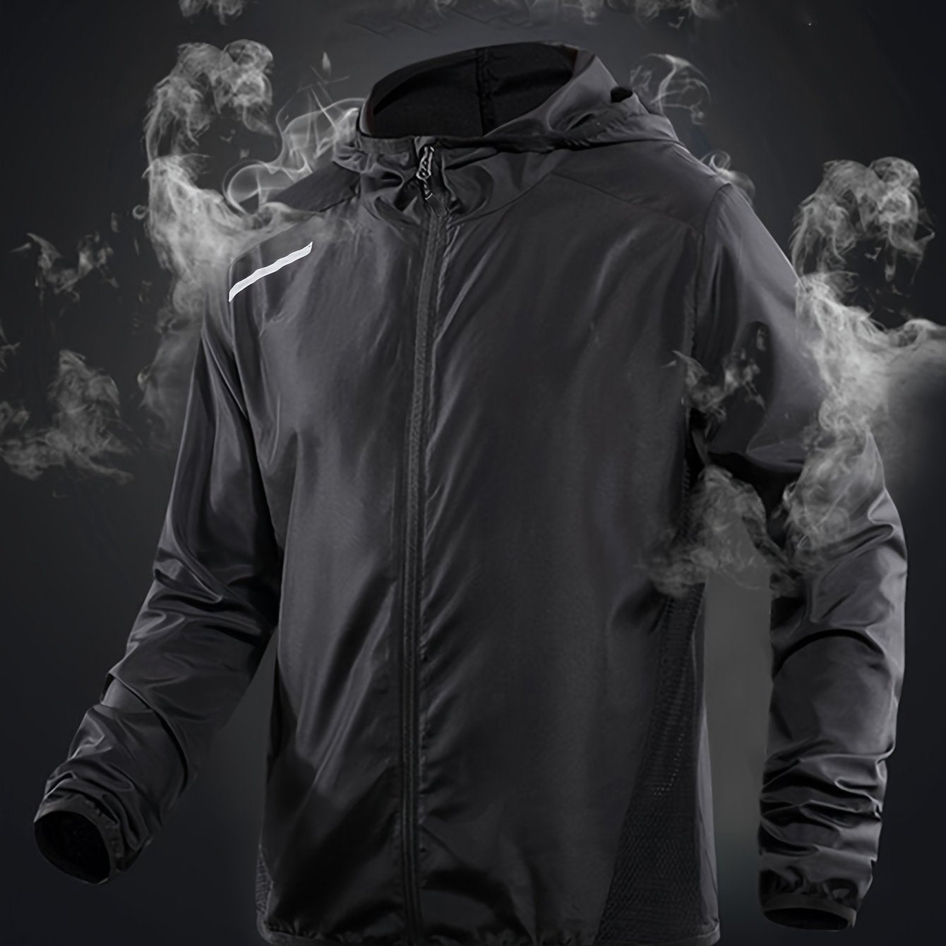 Men's Lightweight Windproof Hooded Jacket with Reflective Straps Mesh Panels Geometric Pattern