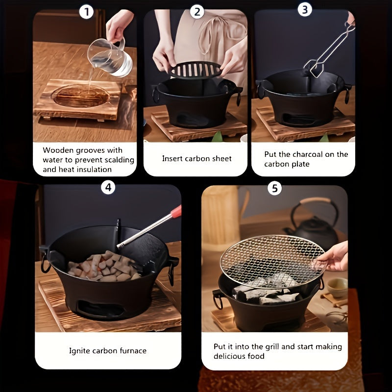 Cast Iron Charcoal Grill Stove with Mesh Net and Au Gratin Pan for Indoor Outdoor Cooking