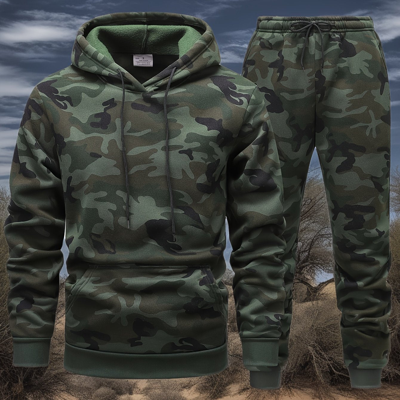 Men's Camo Hooded Sweatshirt and Pants Set for Outdoor Activities in Fall Winter 100% Polyester Drawstring 3D Printing