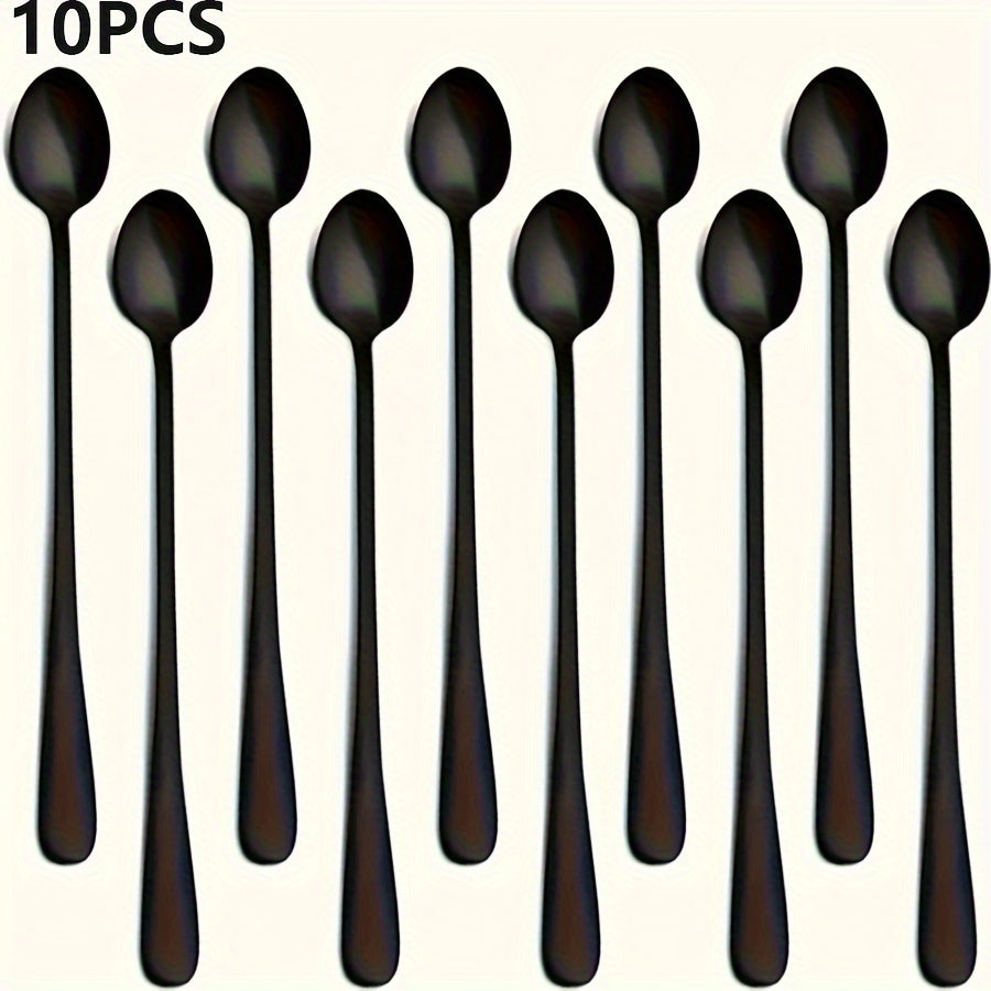 Set of 10 Stainless Steel Long-Handled Kitchen Spoons for Cooking and Serving