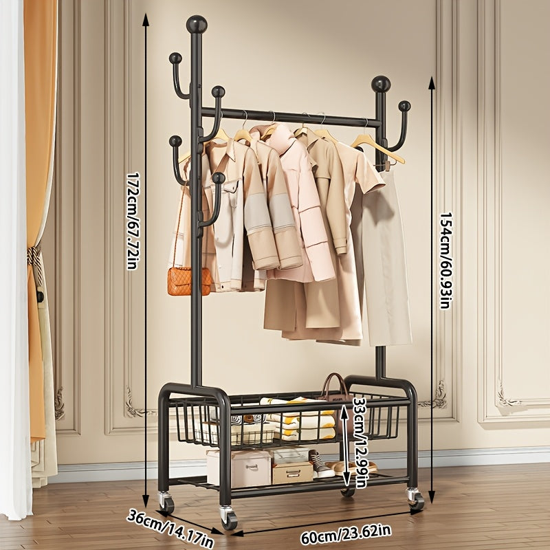 Multifunctional Rolling Coat Rack with 6 Hooks and Shelf Black Metal