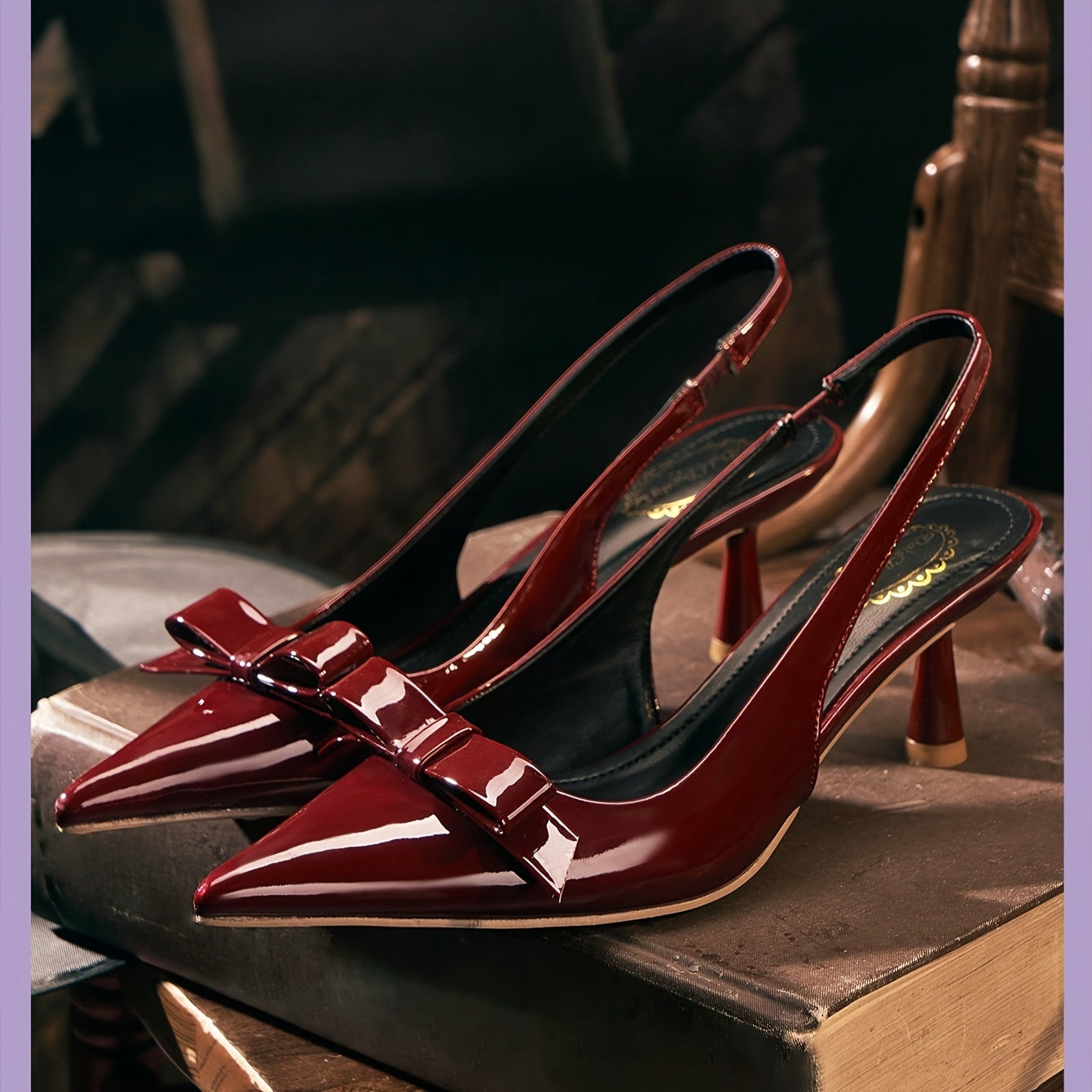 Women's Burgundy Mid-Heel Shoes with Adjustable Bow Straps, Glossy PVC Upper