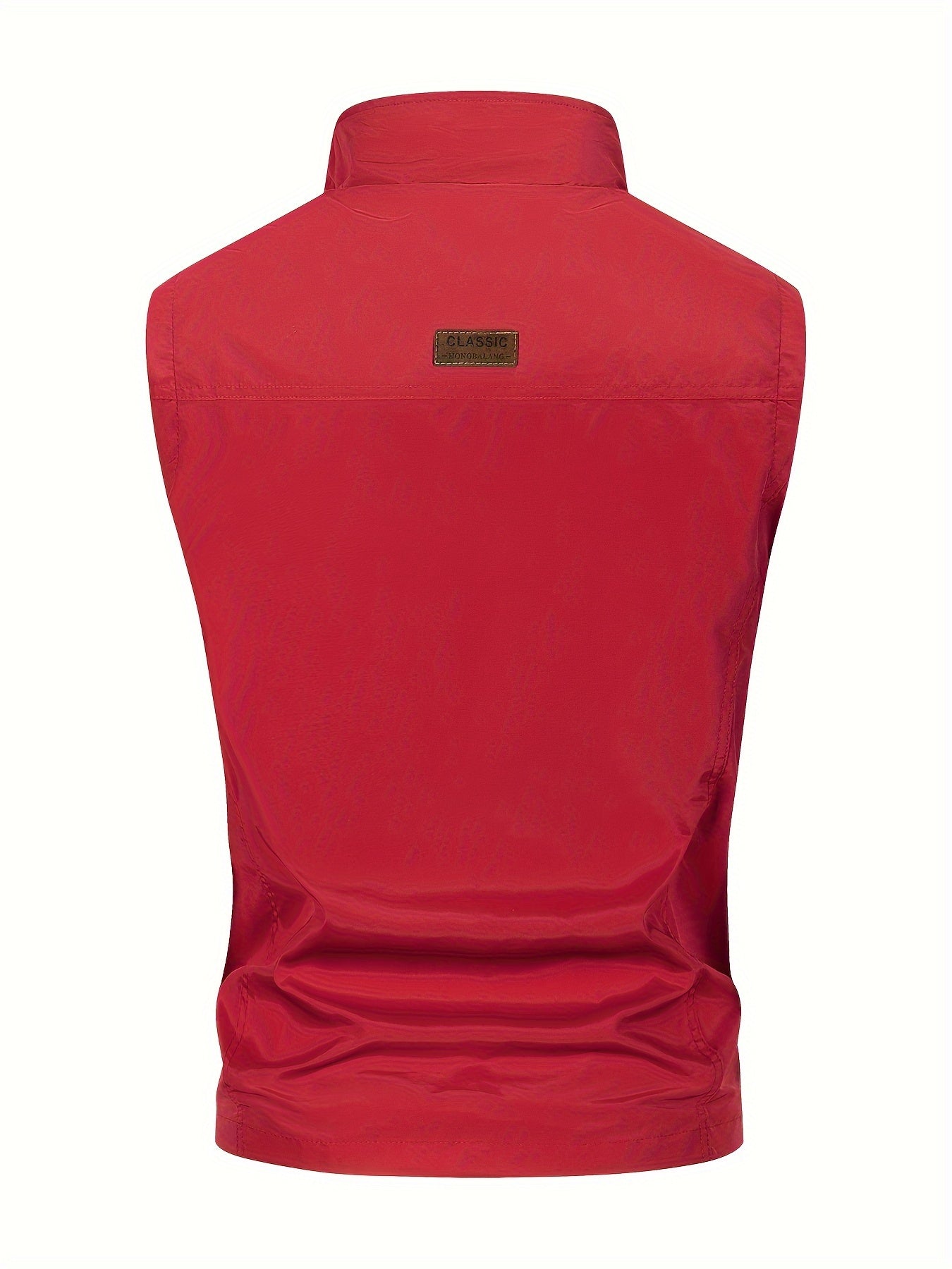 Men's Black Woven Polyester Sleeveless Vest with High Collar and Multiple Zipper Pockets for Outdoor Activities