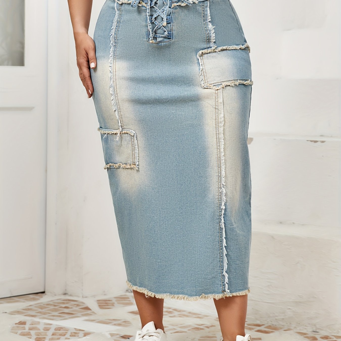 Women's High-Waist Denim Midi Skirt with Frayed Hem and Lace-Up Details in Light to Dark Blue Wash