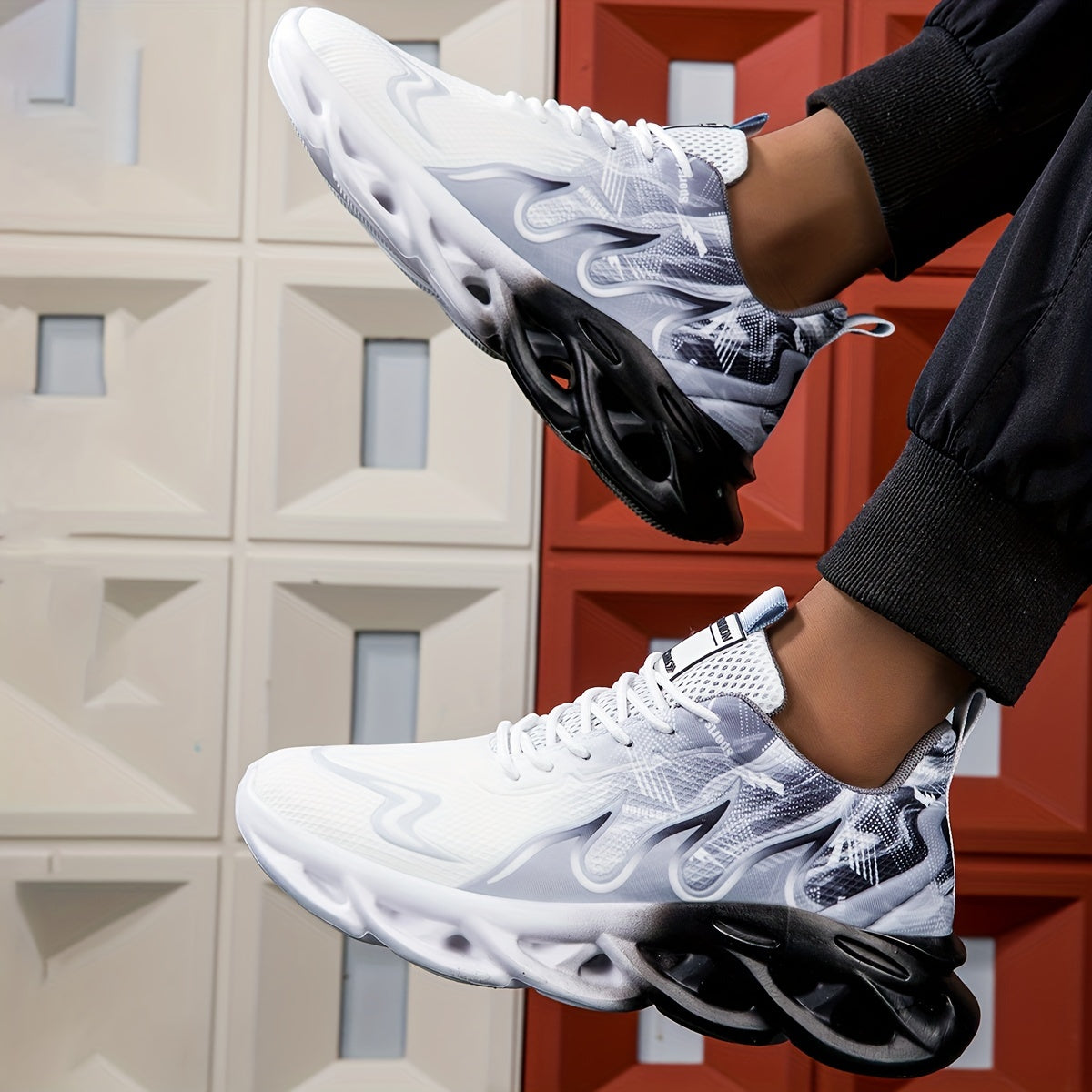 Men's Black and White Gradient Mesh Sneakers with Thick Sole for Height Boost Running Casual Autumn