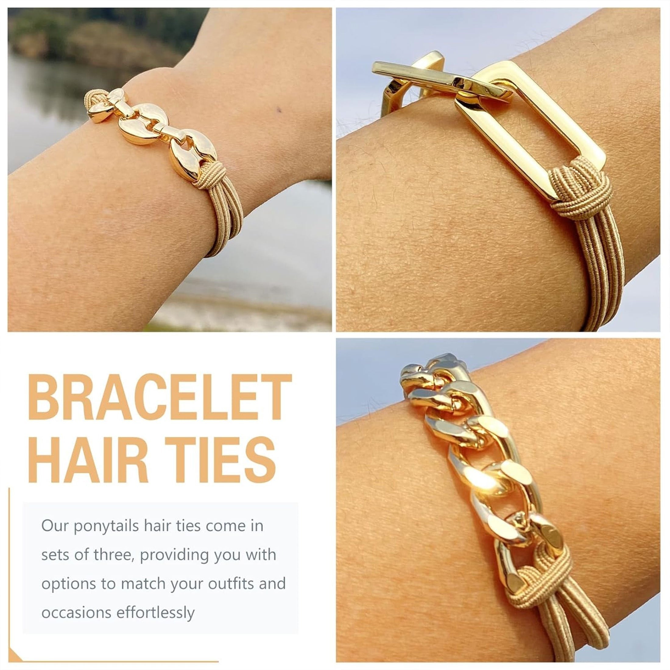 Set of 3 Gold Hair Ties Elastic Ponytail Holders for Women and Girls