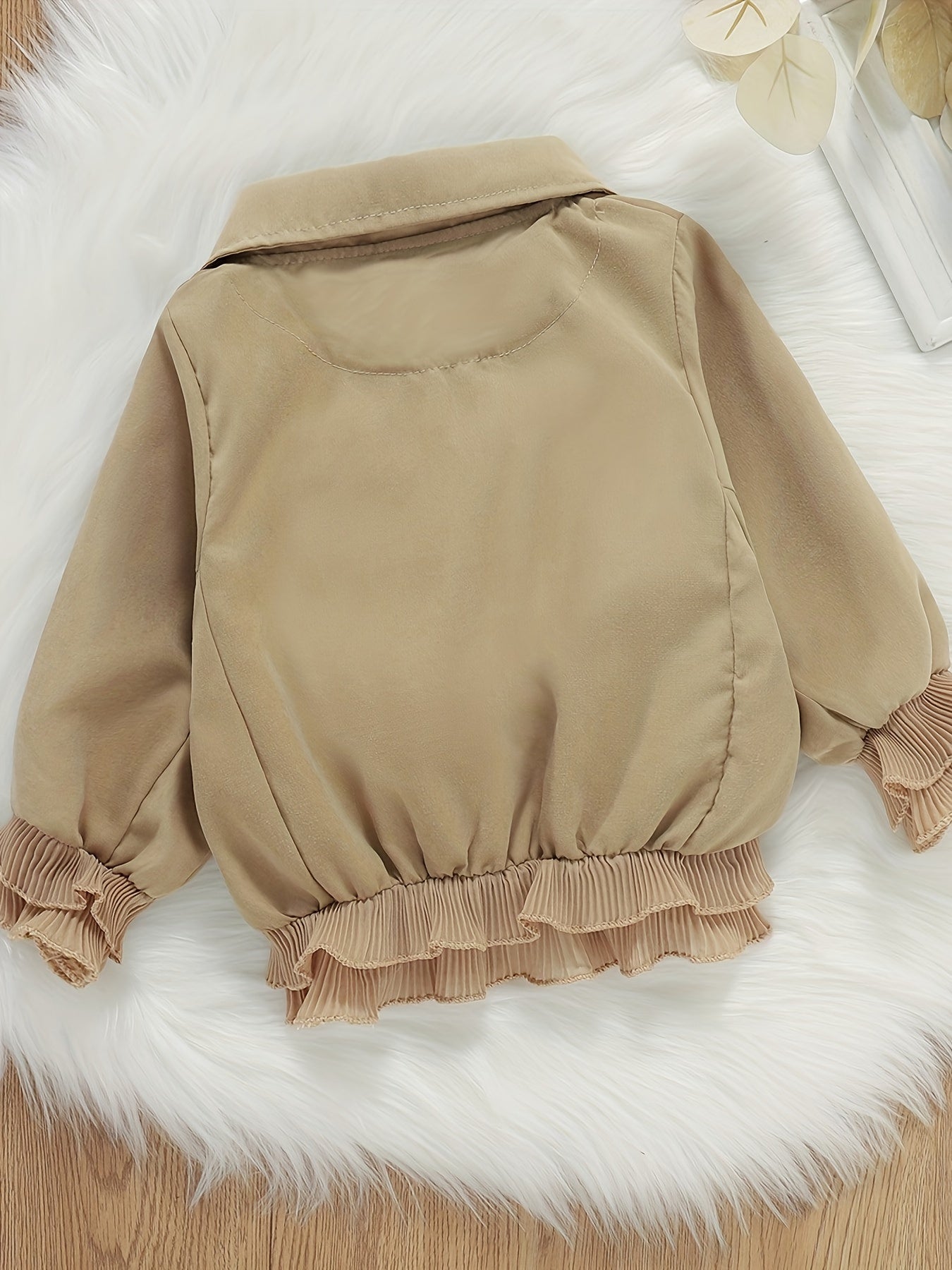 Toddler Girls Beige Zip-Up Jacket with Ruffle Detail for Spring Fall Fashion