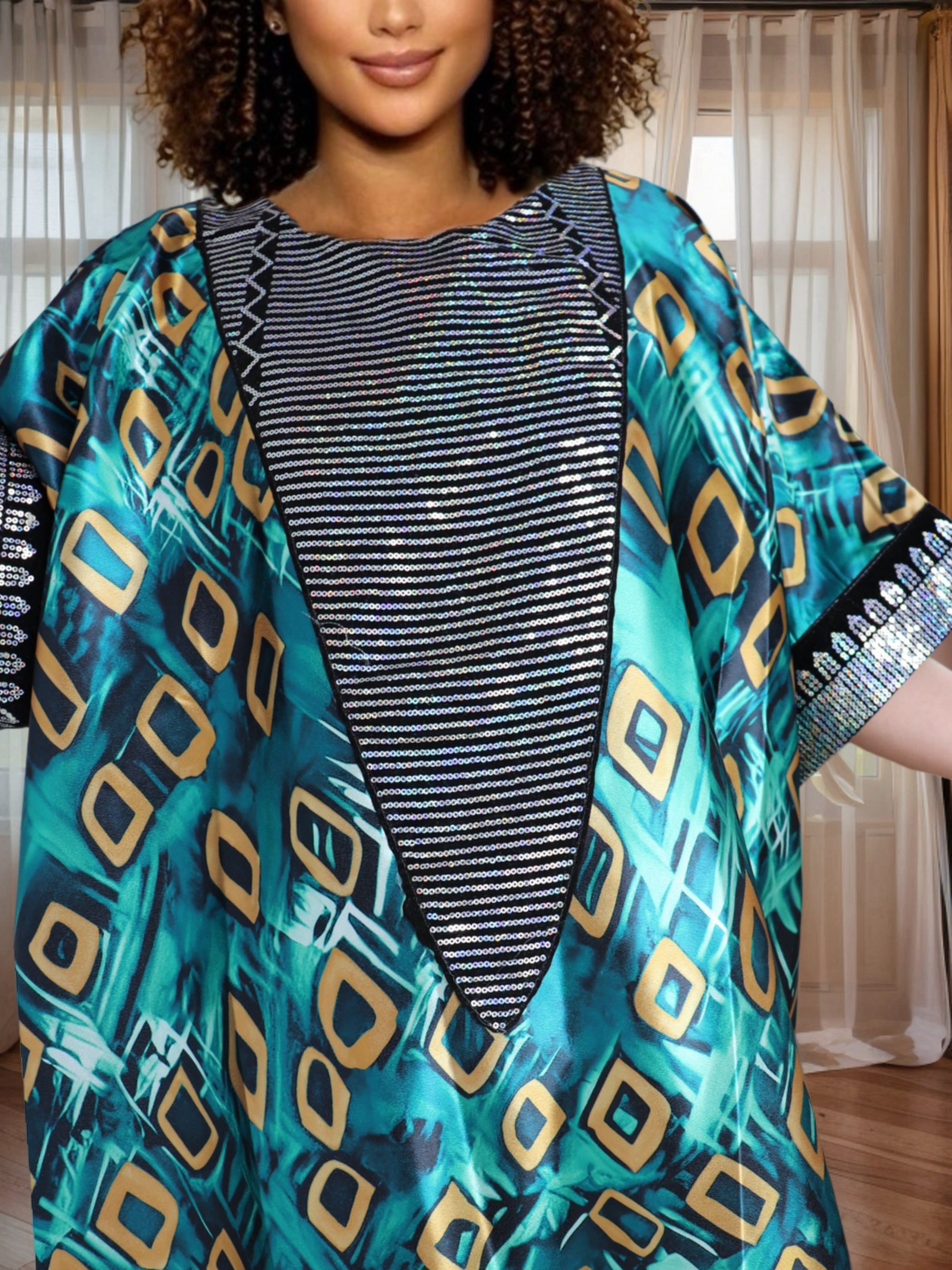 Plus Size African Lady Sequin Printed Satin Long Dress