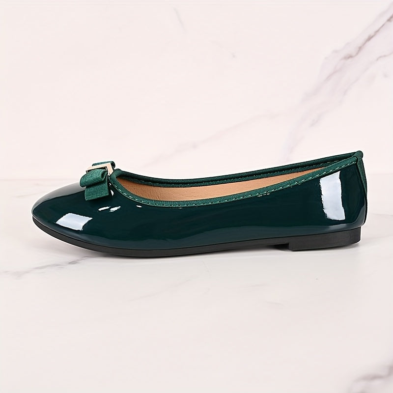 Women's Emerald Green Glossy Mary Jane Flats with Bow, Slip-On, Comfort
