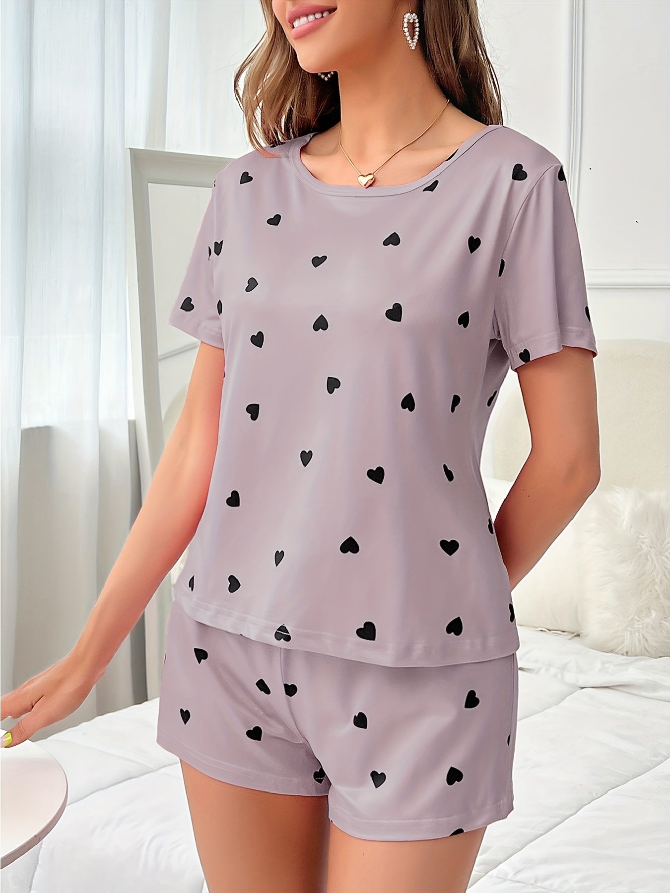 Women's Casual Pajama Sets Heart Pattern Micro Elastic Polyester All Season