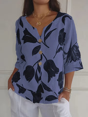 Plus Size Floral V-Neck Blouse for Women Casual Short Sleeve Polyester Blend