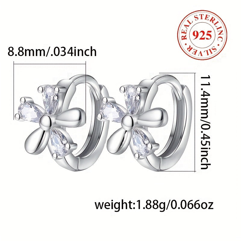 Women's Silver Hoop Earrings with Flower Design and Zirconia Inlay for Party and Wedding