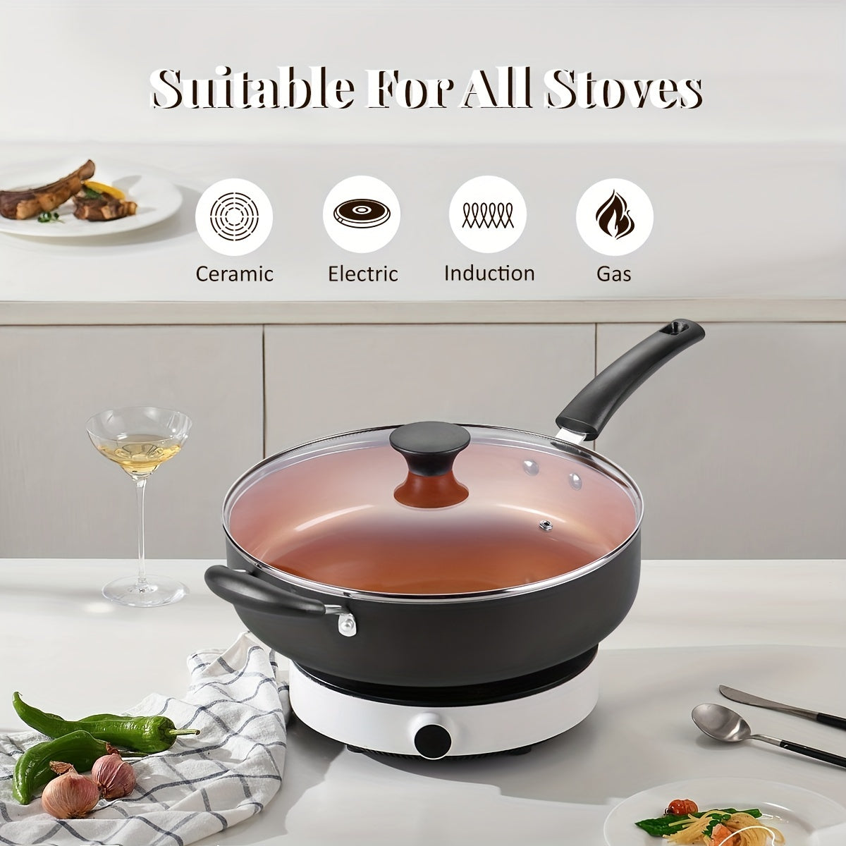 Большая антипригарная глубокая сковорода - 30,48 см, совместимая с индукцией, сковорода для жарки 5Qt с крышкой, керамическое покрытие, вспомогательная ручка, 100% без PFOA, PFOS, APEO - Здоровое приготовление пищи