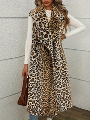 Plus Size Leopard Print Knit Vest with Lapel Collar and Long Length