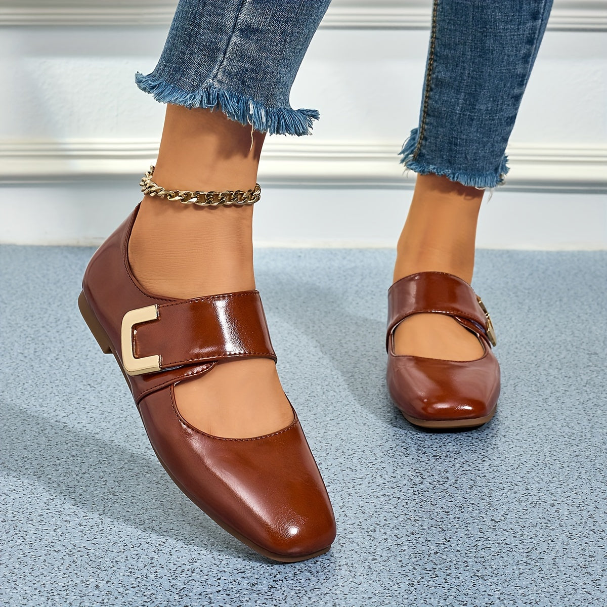 Women's Mary Jane Flats Faux Leather Square Toe College Style All-Season Non-Slip