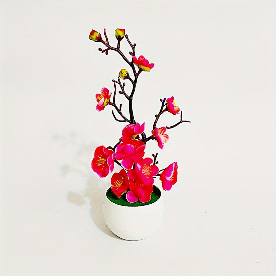 Sun'iy Plum Blossom Bonsai Sun'iy O'simlik Uy Ofis Dekori uchun Haqiqiy Ko'rinishdagi Potted Sun'iy Gul
