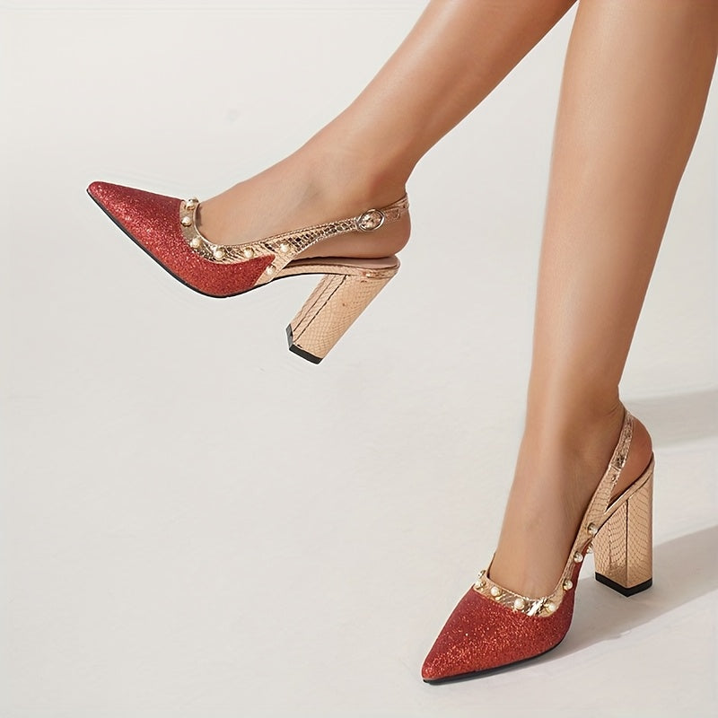 Women's Summer Beaded Pointed Toe Heeled Sandals With Thick Soles