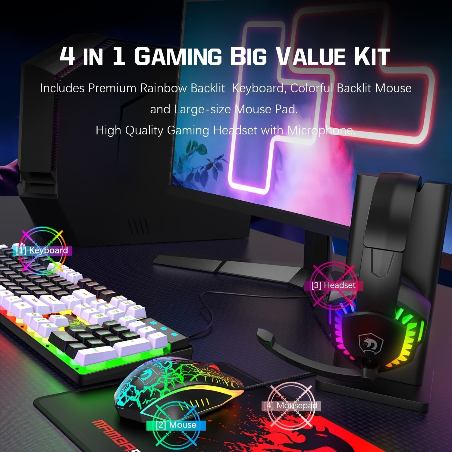 4-in-1 Gaming Bundle with Rainbow LED Backlit Keyboard Mouse Headset and Mousepad
