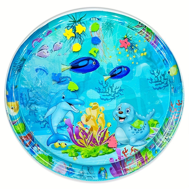 Infant Play Mat Blue Round Tummy Time Crawling Water Mat with Seal Design 100cm