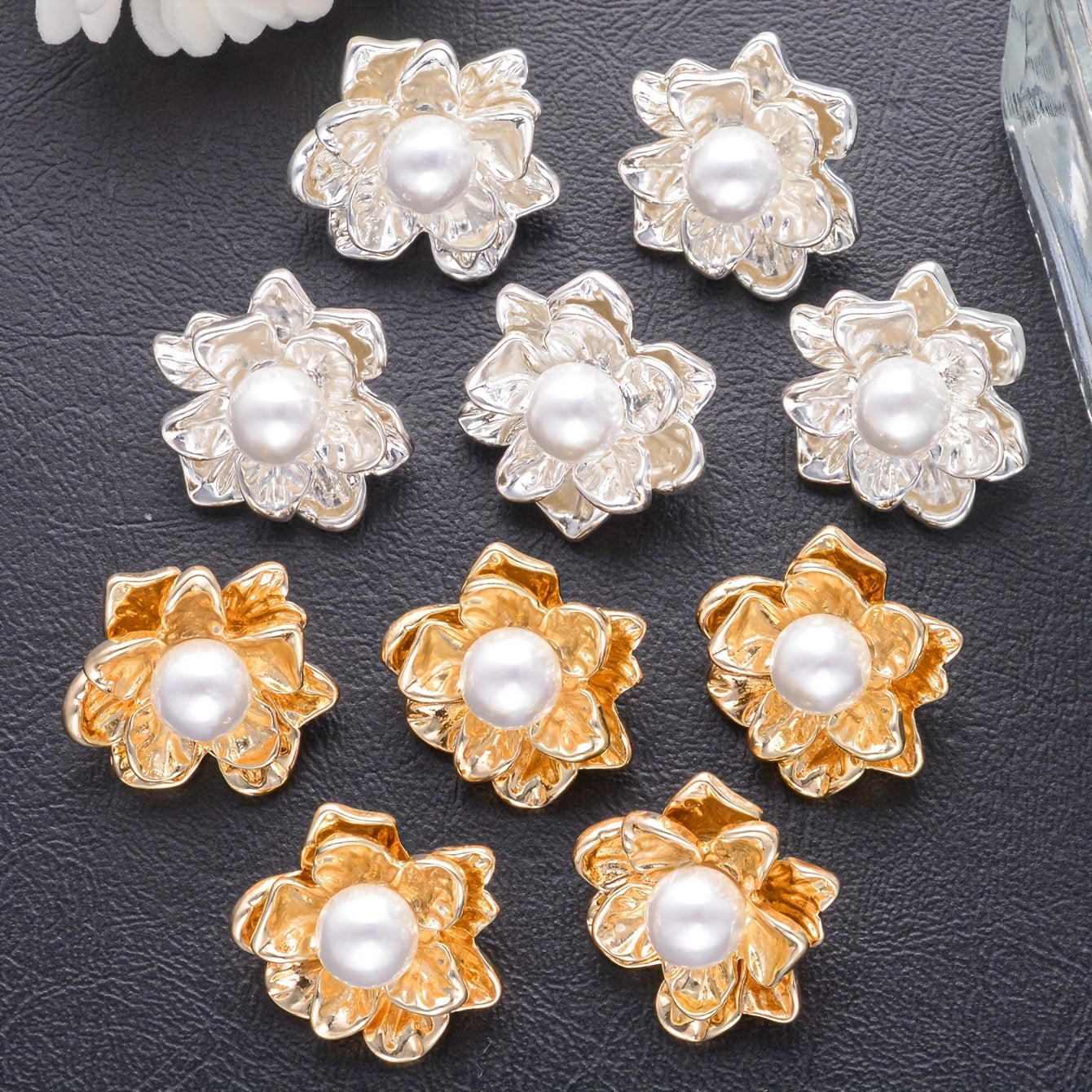 Set of 3 Pearl Flower Buttons Alloy for Clothing DIY Sewing Accessories