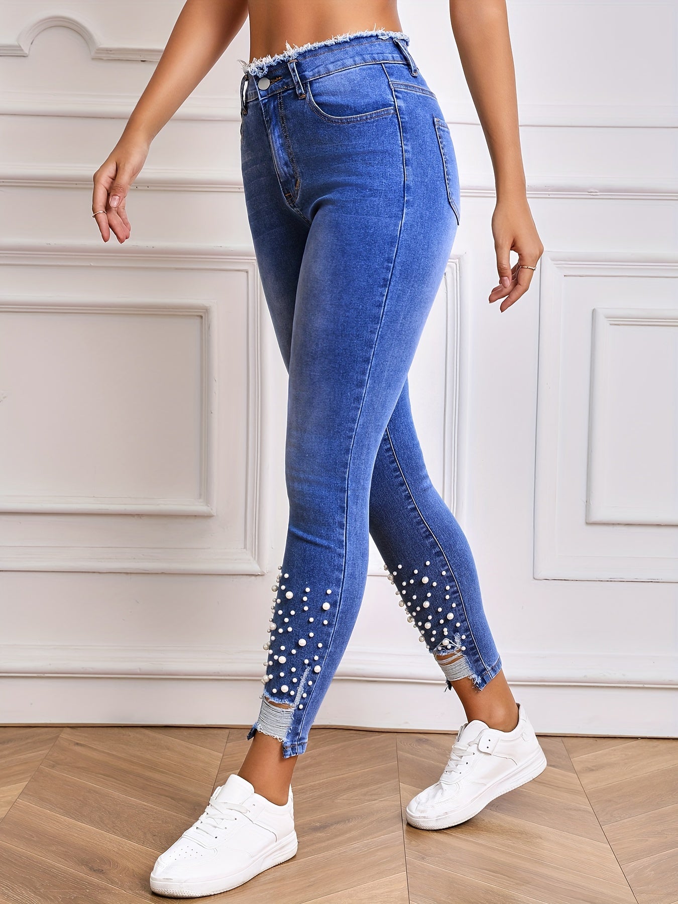 Women's High Stretch Skinny Jeans with Faux Pearl Decor for All-Season, Denim