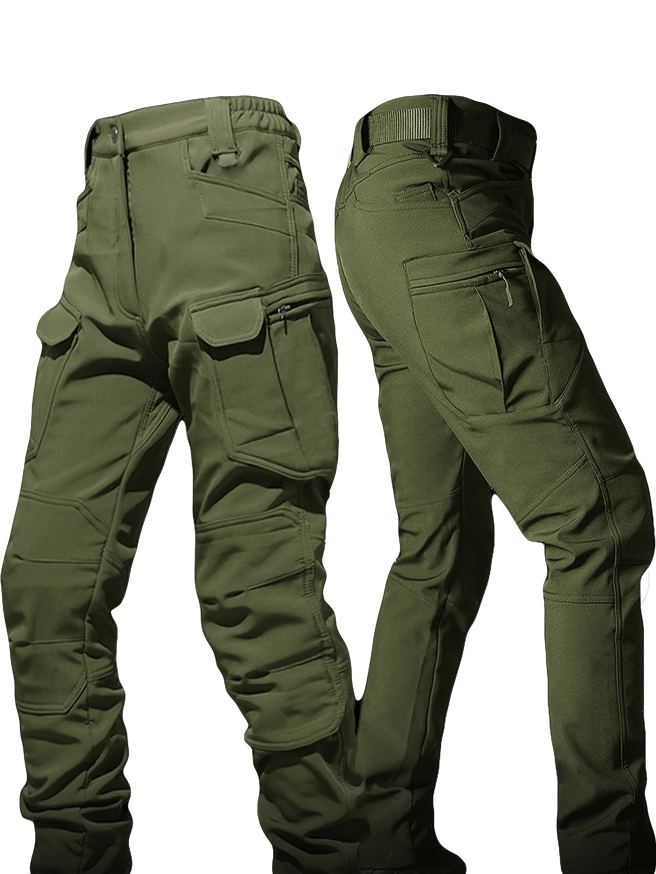 Men's Fleece-Lined Tactical Cargo Pants Windproof Soft Shell Loose Fit Olive Green Polyester Spandex