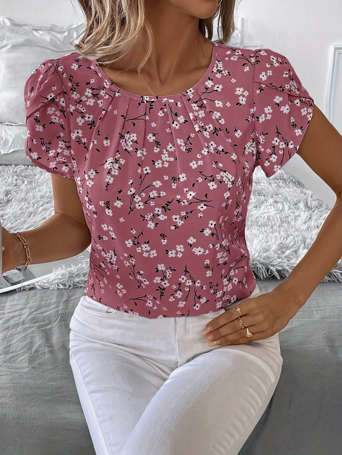 Plus Size Women's Floral Print Ruffled Blouse Casual Summer Shirts