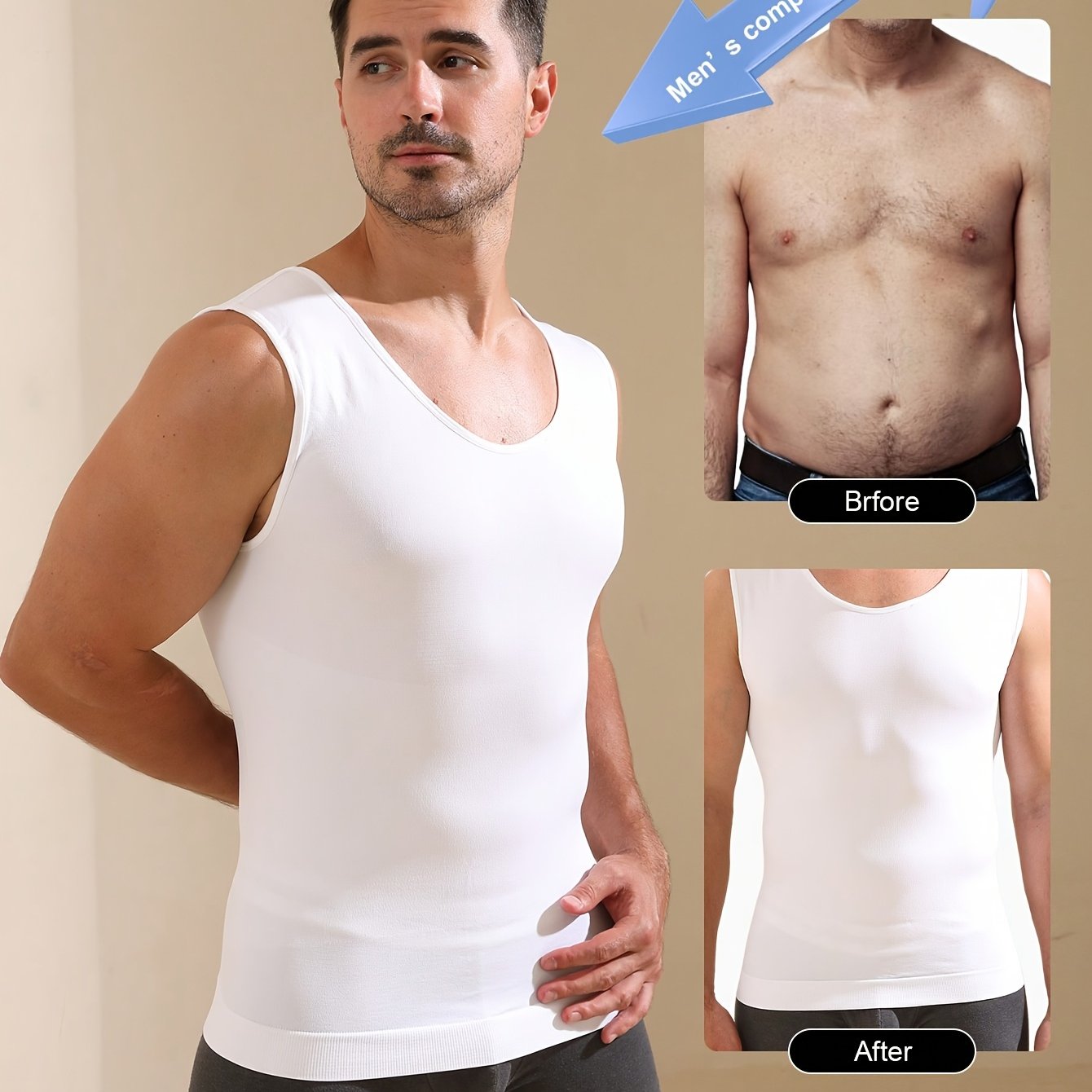 Men's Compression Tank Top High Stretch Knit Crew Neck Sleeveless Tummy Control Moisture-Wicking
