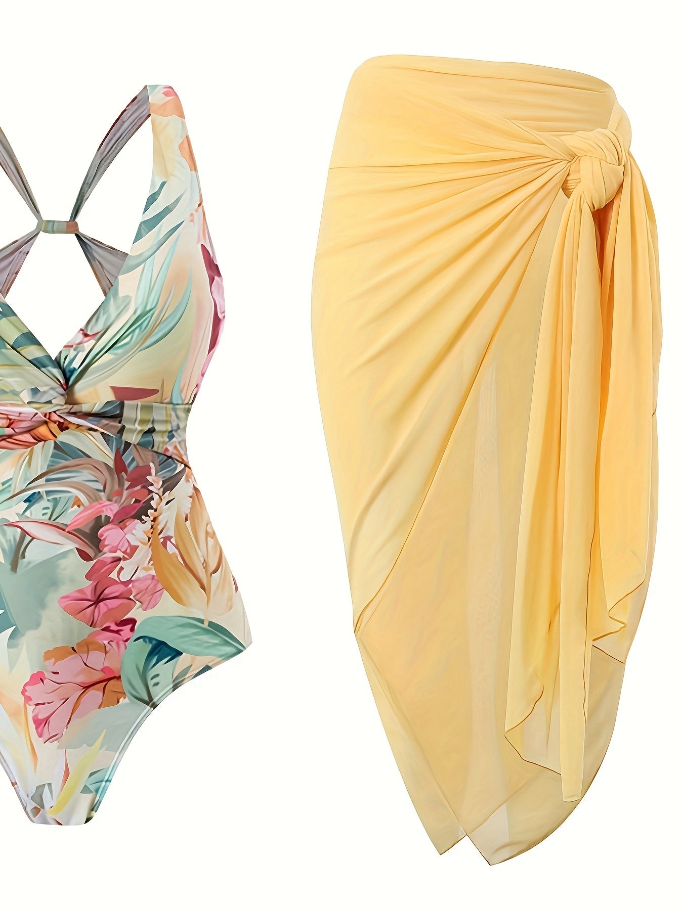 Women's Tropical Print V-Neck One-Piece Swimsuit with Sheer Sarong