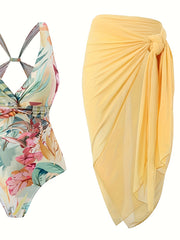 Traje de baño de una pieza con escote en V y estampado tropical para mujer con pareo transparente