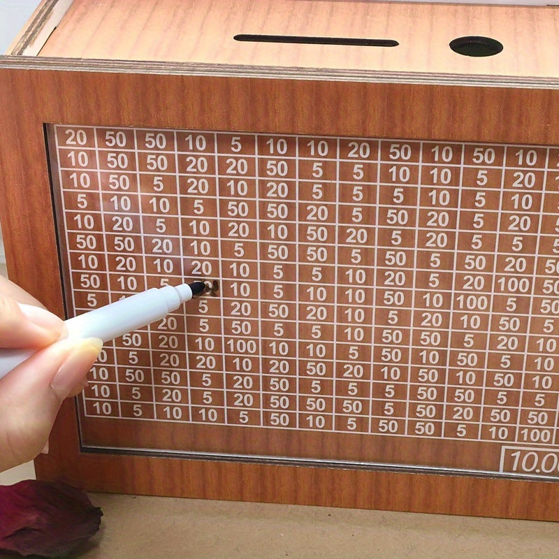 Caja de ahorros de madera con objetivos en moneda y números, caja de dinero con contador de objetivos de ahorro, regalo perfecto.