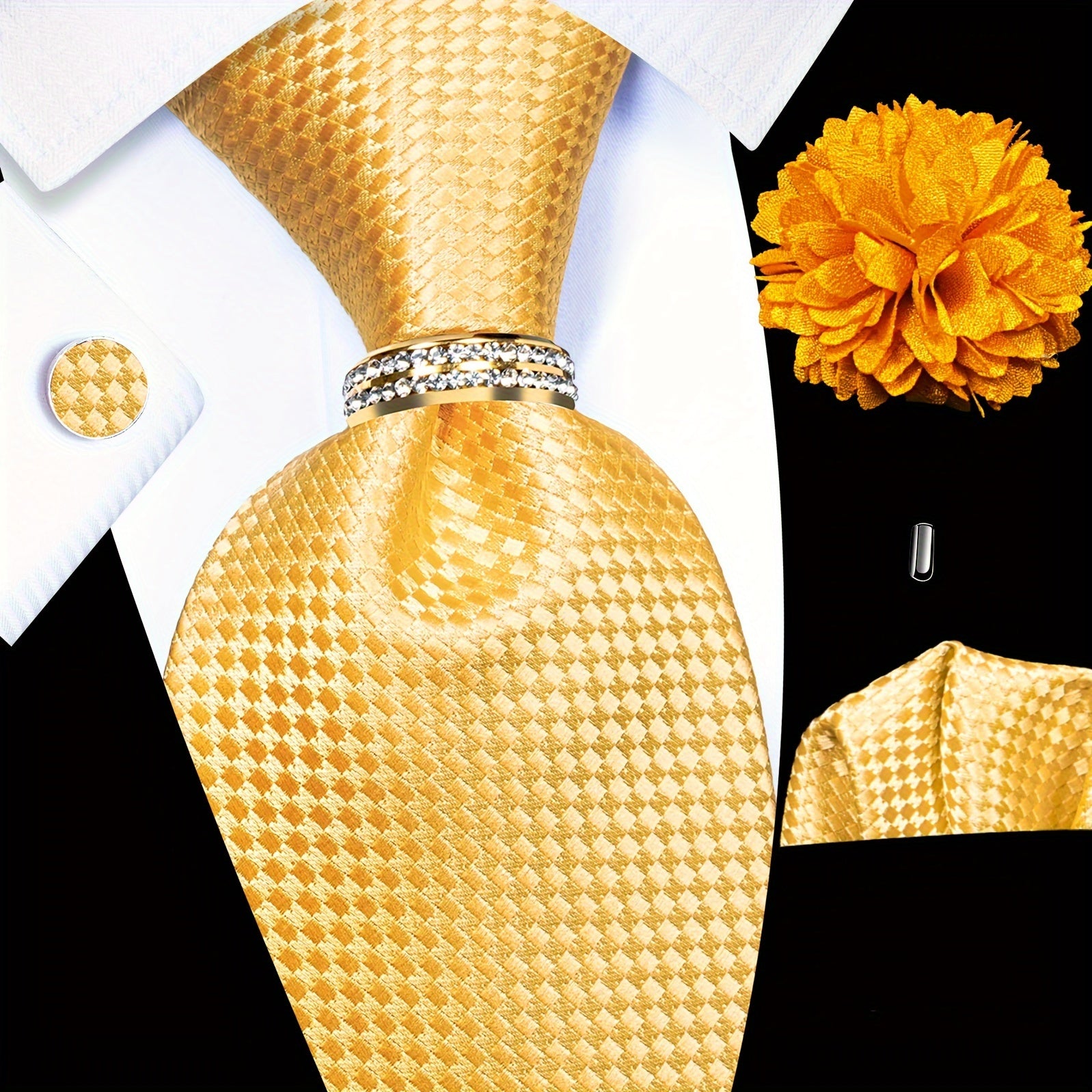 Men's Accessories Set Tie Pocket Square Cufflinks Lapel Pin Tie Ring for Wedding Groom