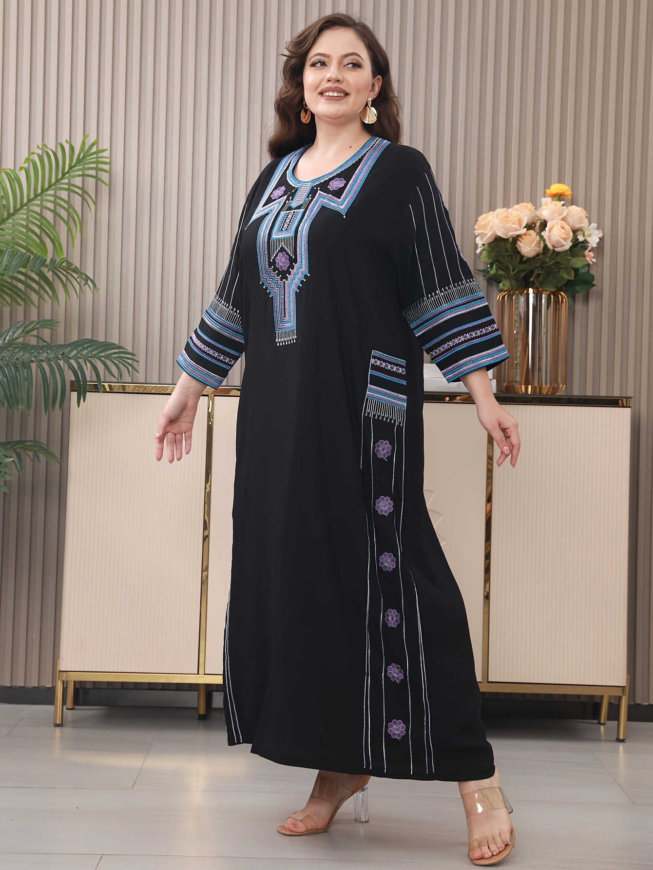 Embroidered Tribal Pattern Kaftan Dress Long Sleeve Loose Fit Woven Fabric
