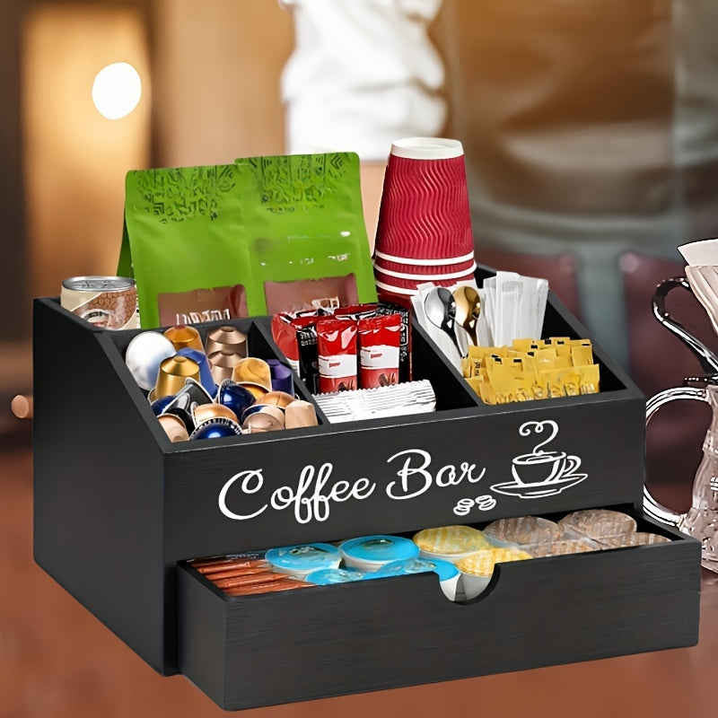 Organizador de barra de café de madera con cajón para tazas, cápsulas y accesorios, almacenamiento de cocina