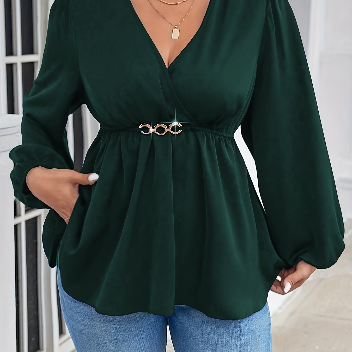 Women's Plus Size V-Neck Lantern Sleeve Blouse Stretchy Polyester Spandex