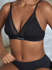 Women's Seamless High-Elasticity Black Bra with Breathable Mesh V-Neck and Soft Viscose Elastane Fabric