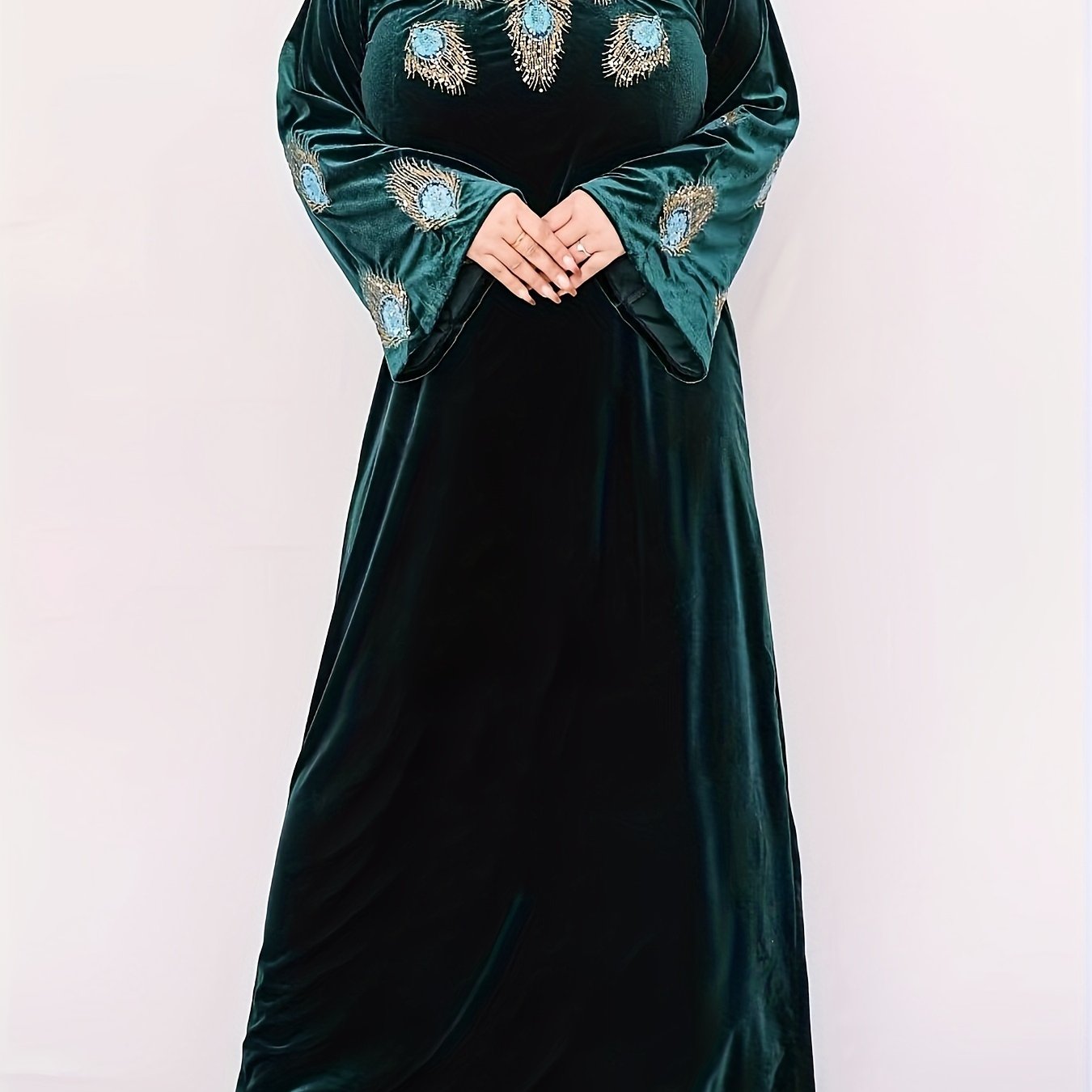 Vestido largo bordado para mujer, mezcla de poliéster, patrón de animales, cuello redondo, para todas las estaciones, corte recto