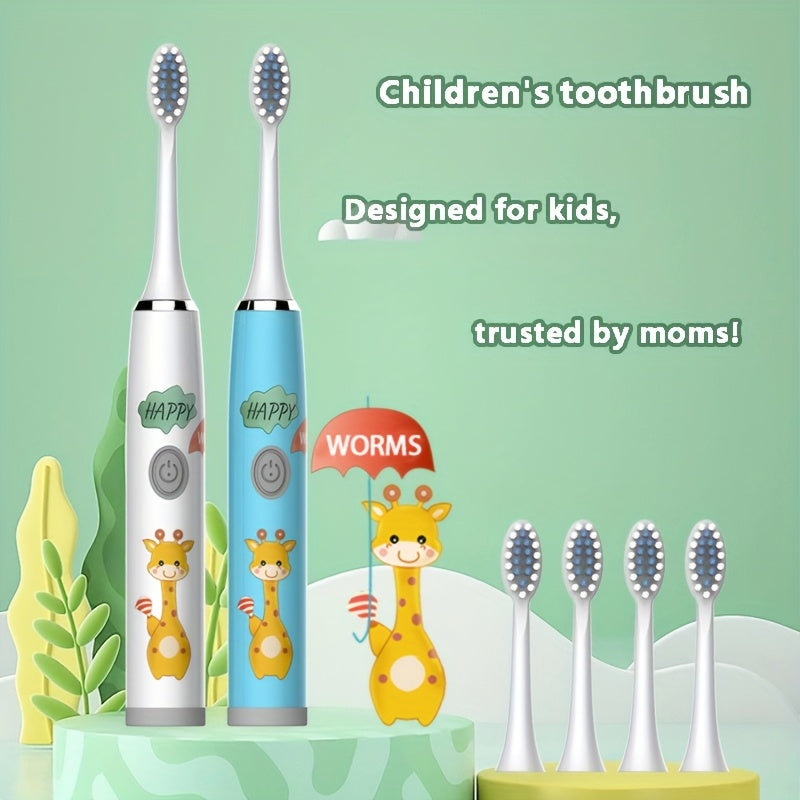 Kids Electric Toothbrush Blue White Giraffe Design Battery Powered for Ages 3-15